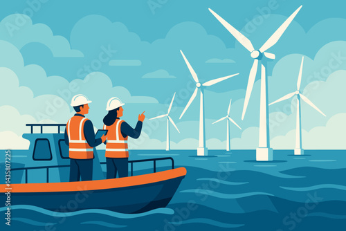 A flat landscape featuring renewable energy sources including the sea, turbines, and a field crew