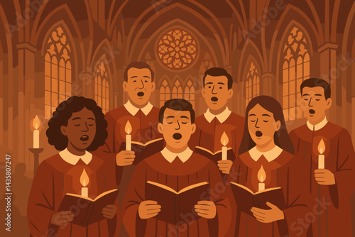 A festive music scene with a flat style that combines tradition, harmony, and architecture