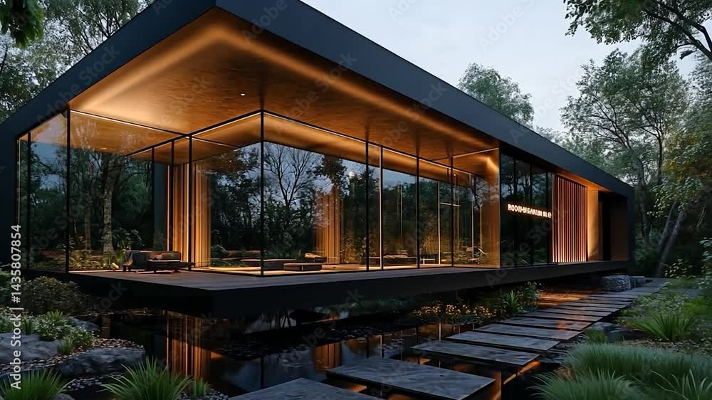 Modern black house with large glass windows, illuminated interior, nestled in a lush green forest setting at twilight. Stone pathway leads to the house, reflected in a calm water feature Modern black house with large glass windows, illuminated interior, nestled in a lush green forest setting at twilight. Stone pathway leads to the house, reflected in a calm water feature