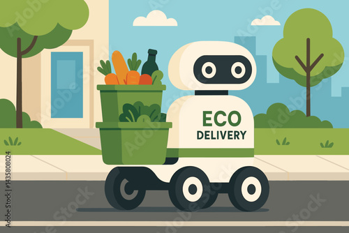 Flat urban logistics scene featuring autonomous green robot courier service
