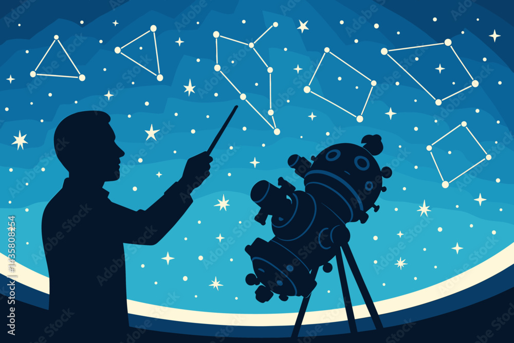Flat astronomy outreach scene showing immersive star education
