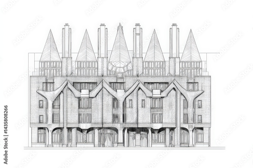Architectural Blueprint of a Modern Building with Unique Roof Design