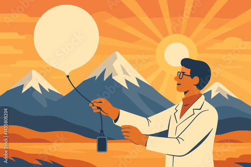 Flat field-research scene featuring atmospheric data collection