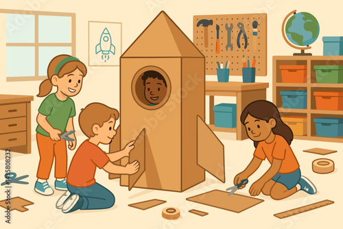 Flat STEM creativity scene with imaginative hands-on project