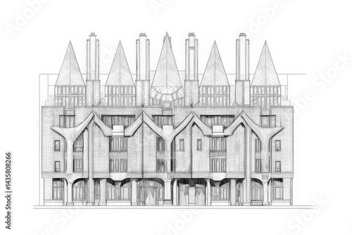 Architectural Blueprint of a Modern Building with Unique Roof Design