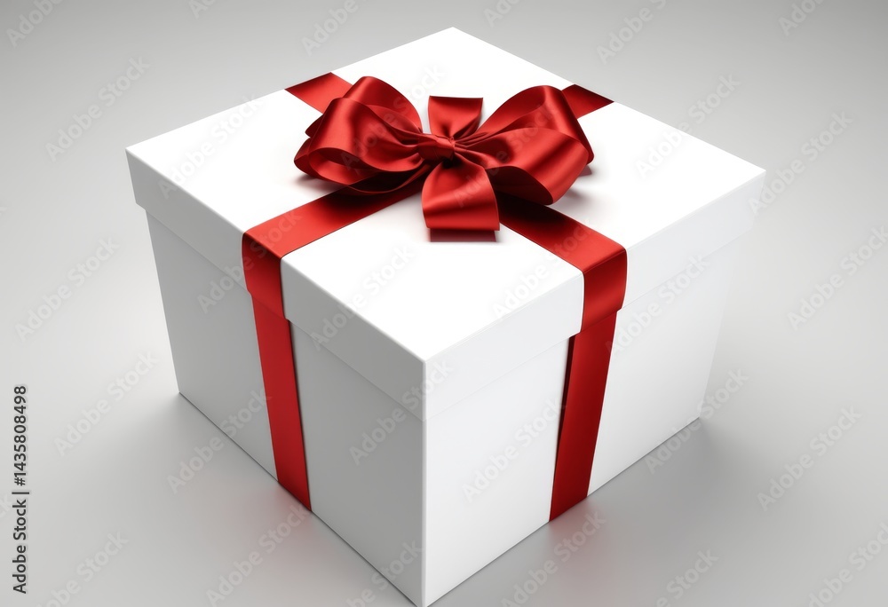 Fototapeta premium White gift box with red ribbon and bow on grey background