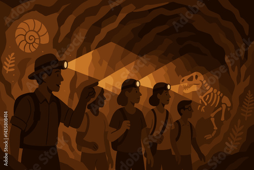 Flat adventure-tour scene showcasing history and geology inside cavern