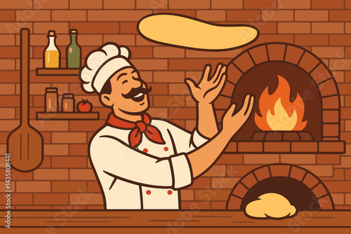Flat culinary action scene emphasizing artisan pizza making
