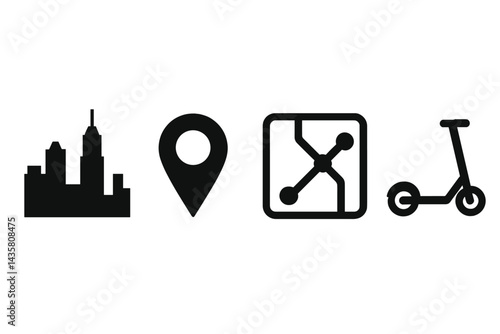 Commuter icons linking mapping, transit, and micro-mobility