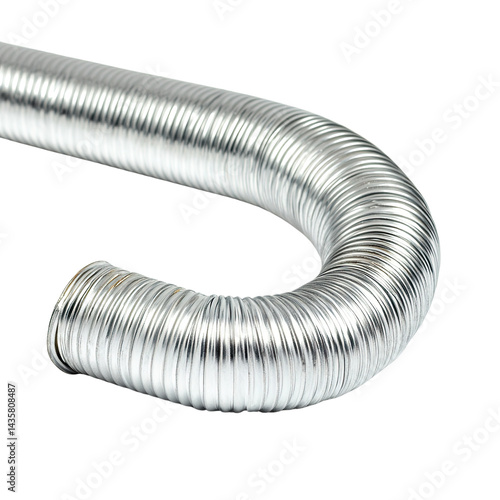 A flexible silver aluminum duct is curved and isolated on a pure white background, creating a simple and clean product shot showcasing its texture and form.