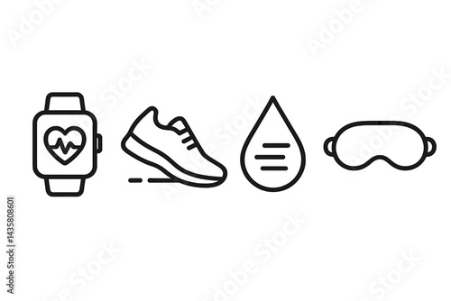 Health-tracking icons linking activity, hydration, rest, and vitals
