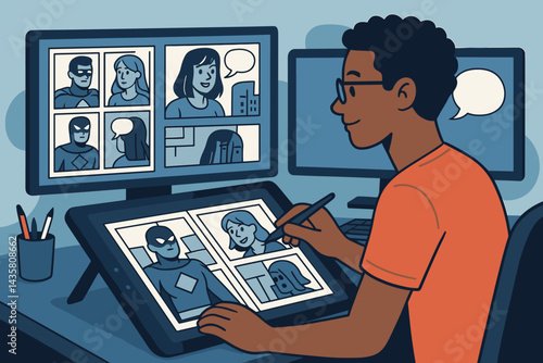Flat creative-studio scene focused on illustration workflow