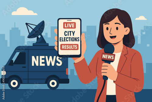 Flat media scene capturing breaking news, tech, and civic engagement