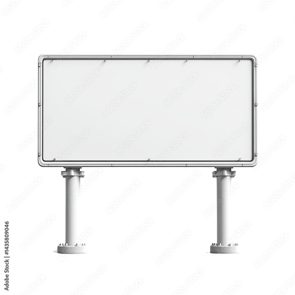Fototapeta premium Isolated blank billboard with a white screen stands on two supporting pillars against a clean white backdrop ready for advertising placement and design visuals.