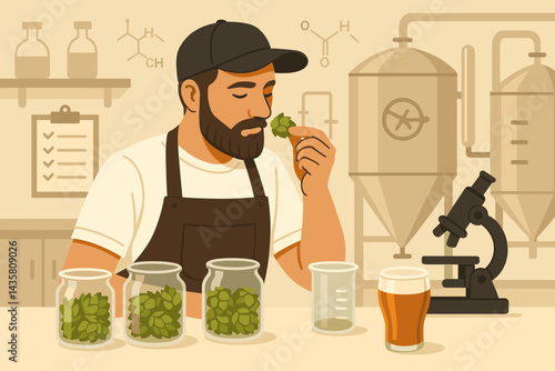 Flat artisanal beer scene featuring tasting and quality control