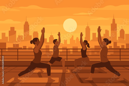 Flat wellness scene combining relaxation and metropolitan views
