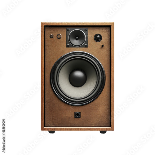 A vintage wooden speaker with a woofer and tweeter stands against a white background, showcasing its classic design and potential for high quality sound reproduction.