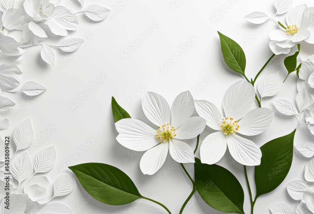 Fototapeta premium White flowers with a single green leaf on a white background