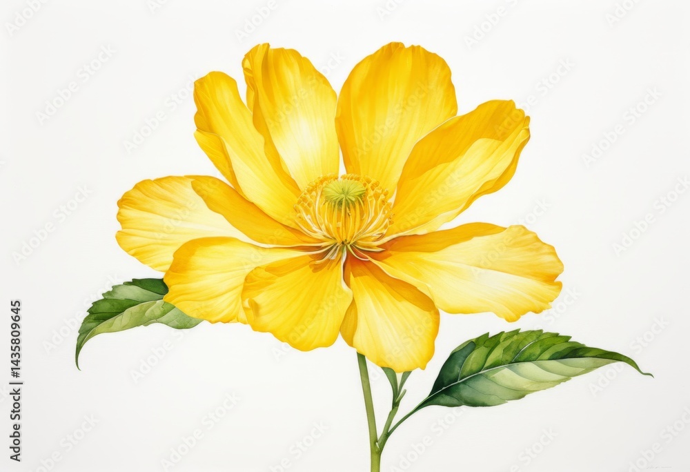 Obraz premium A yellow flower with green leaves on a white background