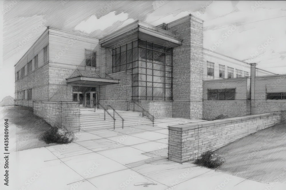 Architectural Drawing of Modern School Building with Steps and Windows