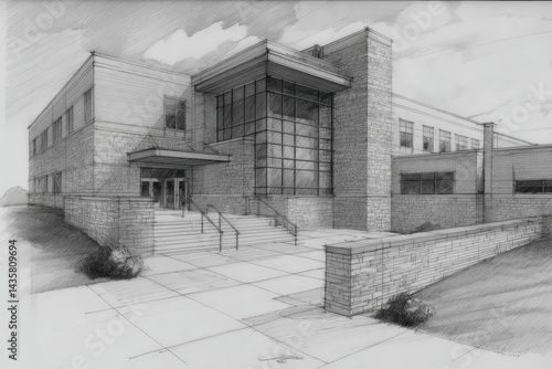 Obraz na płótnie Architectural Drawing of Modern School Building with Steps and Windows w salonie