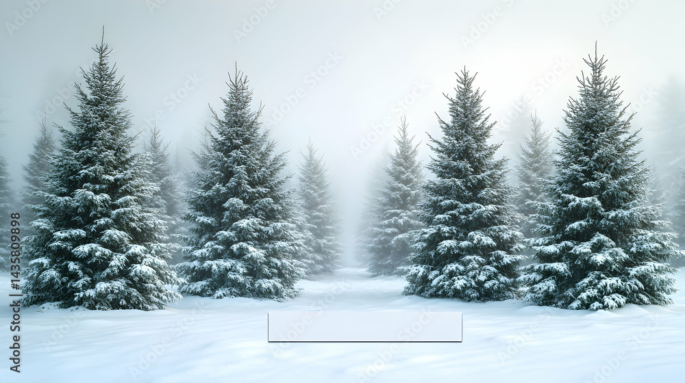 Naklejka premium Snow-covered evergreens in a foggy winter forest with a blank space in the foreground
