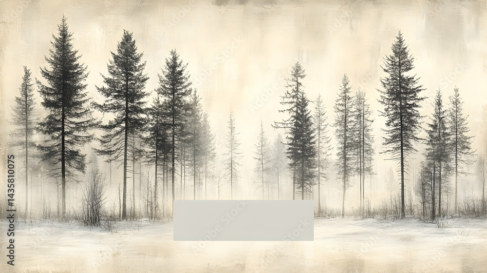 Fototapeta premium Snowy forest scene with tall slender pines a muted color palette and a blank space in the foreground