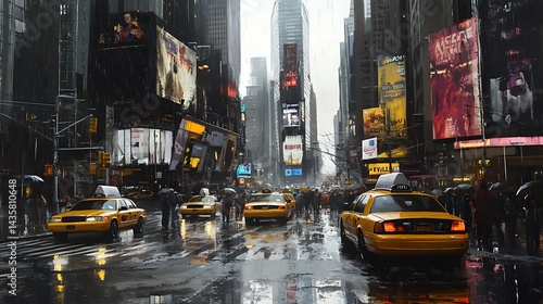 Busy Times Square street scene with yellow taxis, neon billboards, and rainy reflections capturing urban life in New York City
