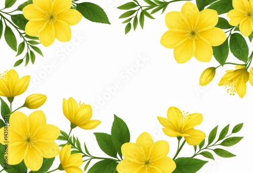 Yellow flowers and green leaves on a white background
