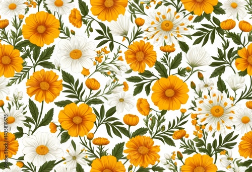 Wallpaper Mural Seamless floral pattern of daisies and other flowers on a white background Torontodigital.ca