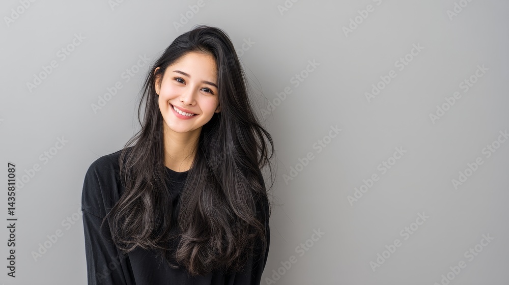 Naklejka premium Serene Beauty: Portrait of an Asian Woman - A young Asian woman smiles gently, radiating confidence and grace. The conveys joy, serenity, beauty, and natural elegance. It symbolizes youth, optimism