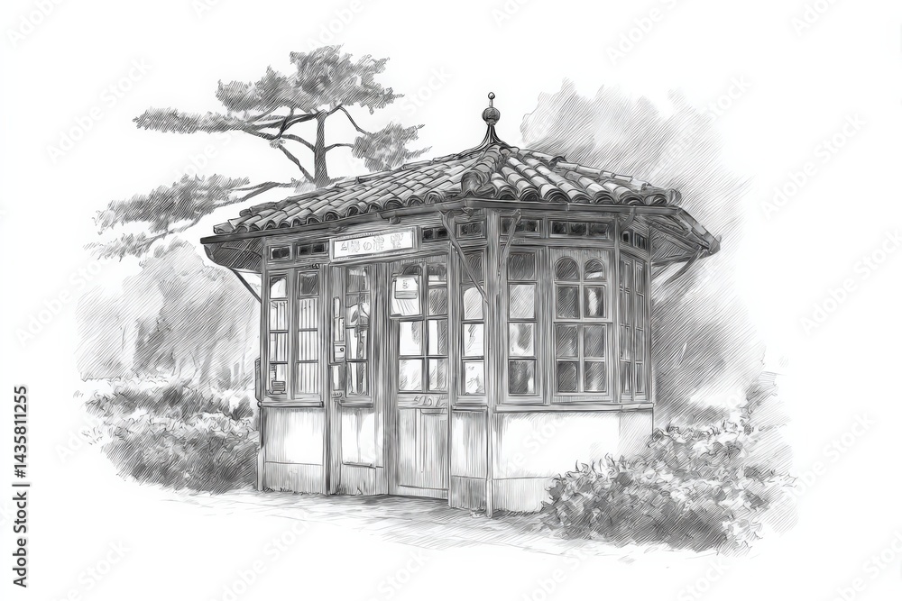 Architectural Sketch of Vintage Kiosk Surrounded by Nature