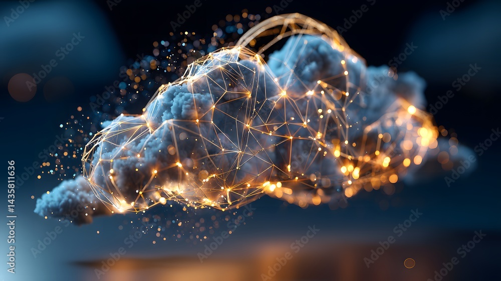 Obraz premium Abstract blue cloud with glowing links, floating in darkness, symbolizing futuristic connectivity and innovation