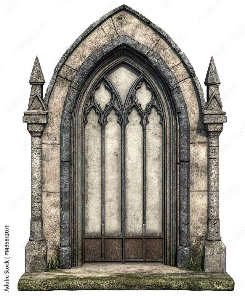 Fototapeta premium An arched gothic style stone doorway with ornate carvings and details stands against a white background, evoking mystery and architectural interest for viewers.