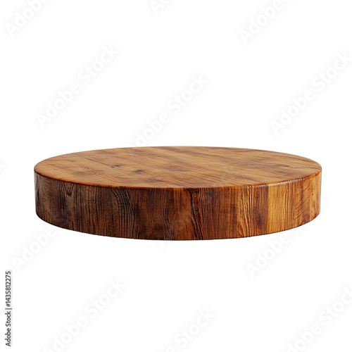 A circular wooden platform, meticulously crafted with visible wood grain and rich amber tones, is isolated against a stark white background offe a clean display stage.