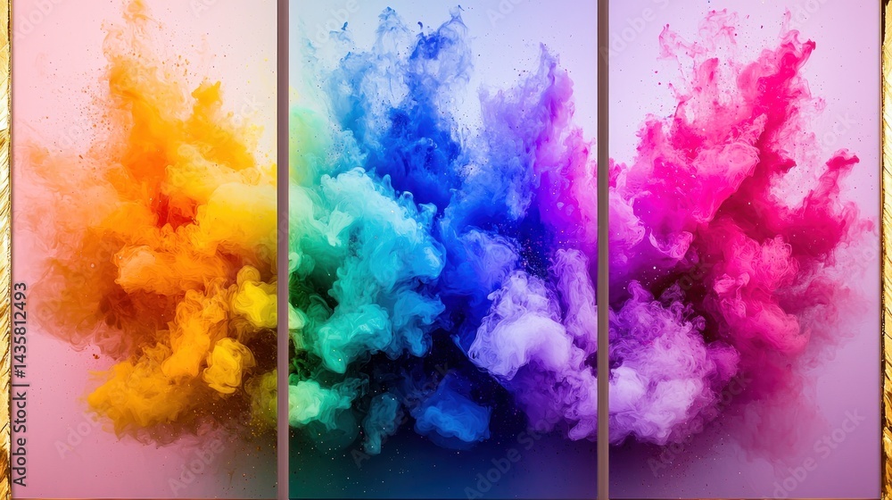 Fototapeta premium Vibrant color explosion art triptych on pastel background