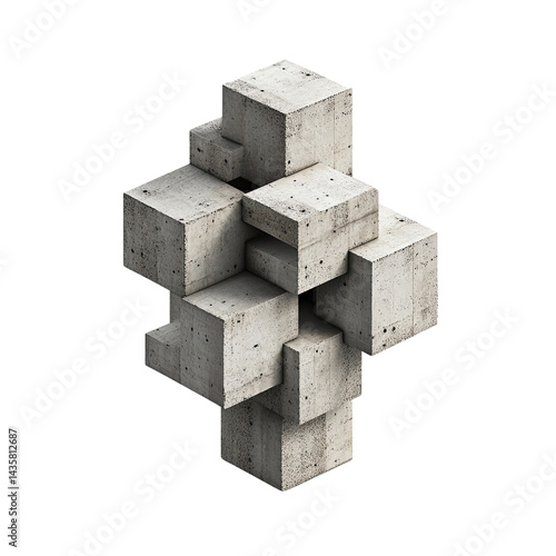 An abstract composition of rough gray concrete cubes arranged in a geometric sculptural form against a clean white background showcases minimalist design.