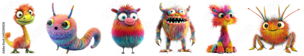 Fototapeta premium PNG Colorful, fuzzy, cute, cartoon monsters, element set on transparent background