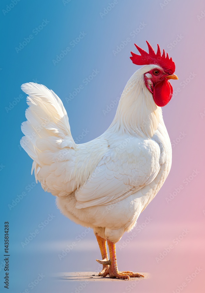 Fototapeta premium White Rooster Standing on Pastel Background Farm Animal Stock