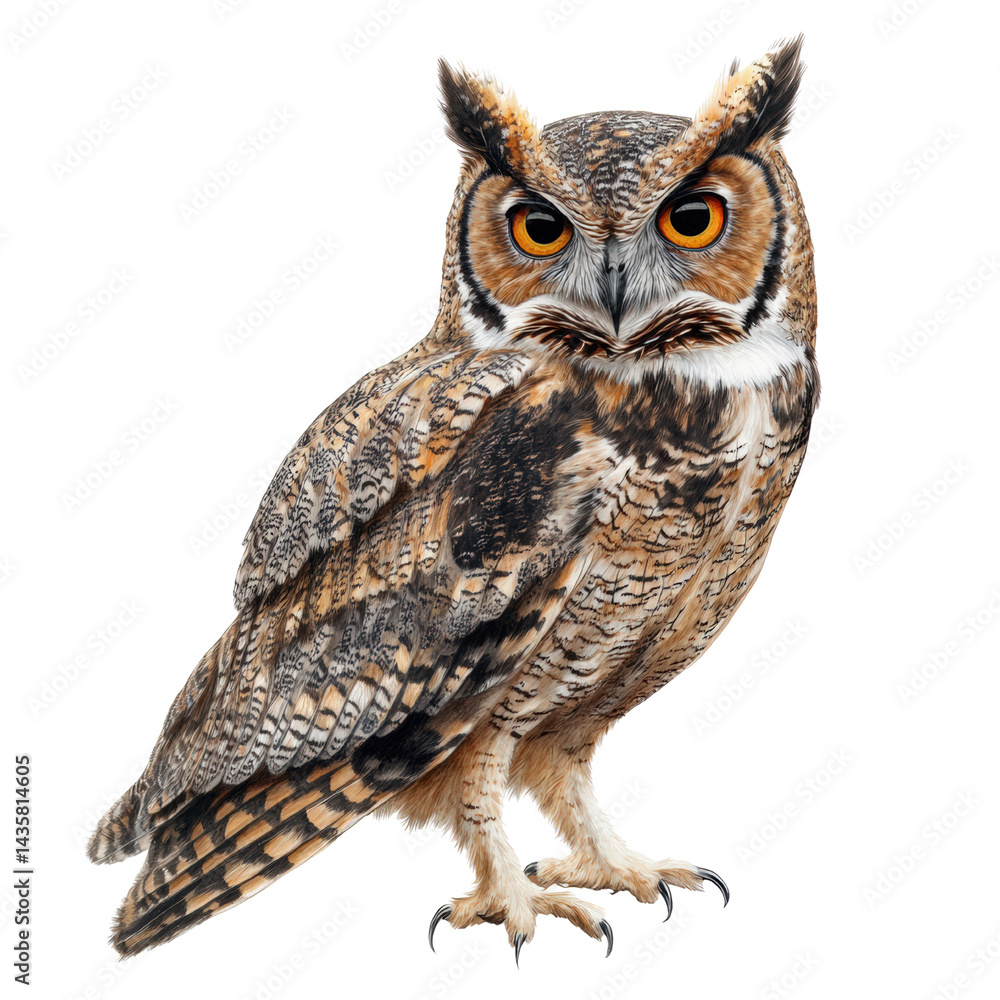Obraz premium Great Horned Owl Portrait: Majestic great horned owl with piercing gaze and intricate plumage, perched against a clean background.