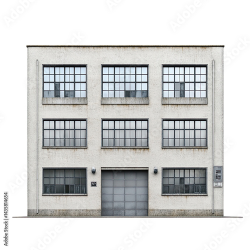 An isolated three story industrial building stands starkly against a white background, its facade featu nine and a central roll up door at ground level.