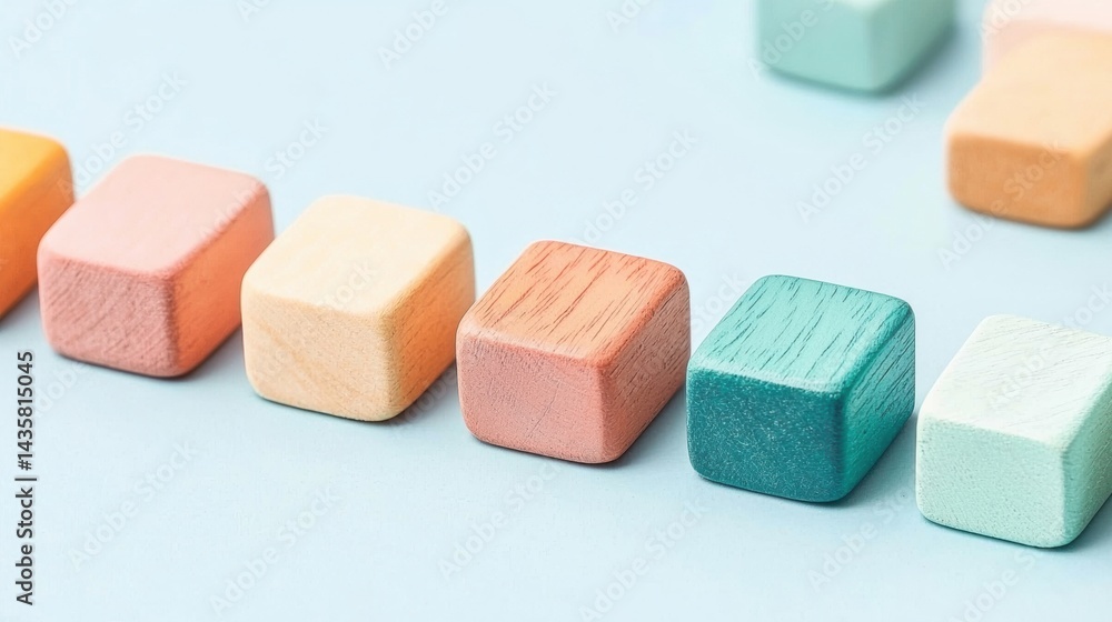 A row of wooden blocks in various pastel colors. A row of wooden blocks in various pastel colors.