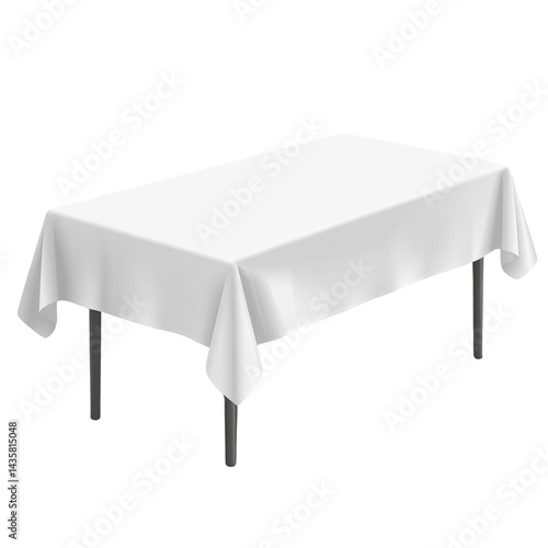 A rectangular table draped with a crisp, clean white tablecloth is showcased against a stark white background in a brightly lit studio setting ready for staging.