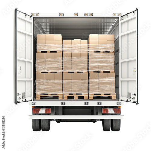 A white delivery truck with its rear doors wide open reveals a cargo of cardboard boxes stacked neatly on wooden pallets and secured with plastic wrap.
