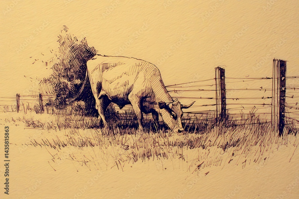 Beautiful Black and White Sketch of Cow Grazing Near Fence