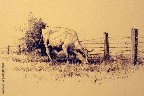 Obraz na płótnie Beautiful Black and White Sketch of Cow Grazing Near Fence w salonie