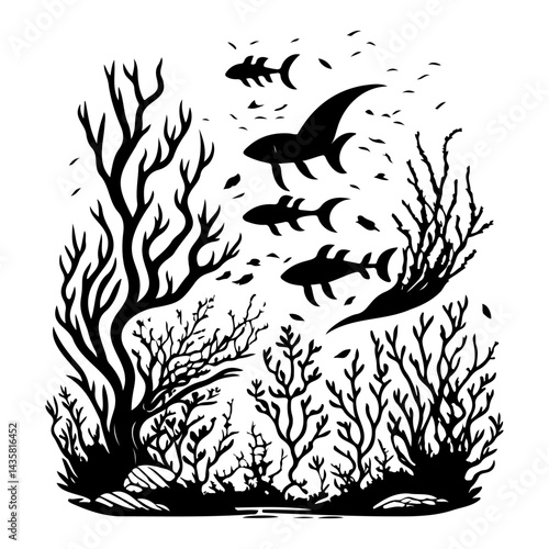 Monochromatic depiction of an aquatic ecosystem with various flora and fauna