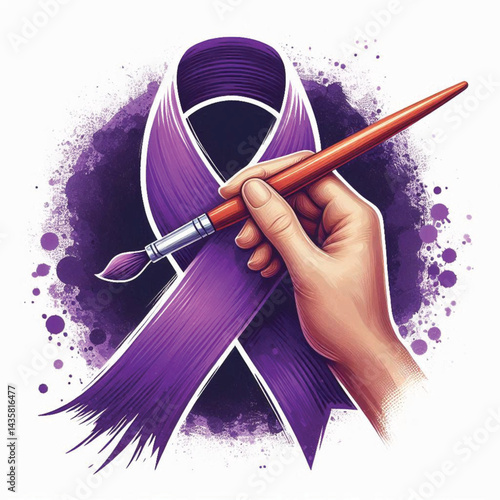 Purple Ribbon Awareness Symbol with Hand Painting Brush on Transparent Background 