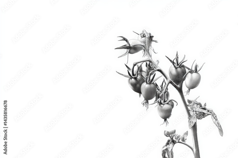 Black and White Artistic Rendering of Tomato Plant with Detail