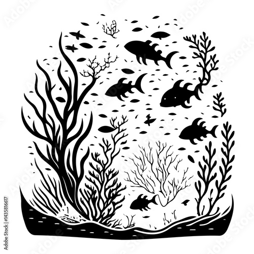Monochrome depiction of aquatic life and sea plants in ocean waters